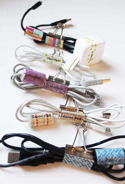 electronic cords labeled and clipped