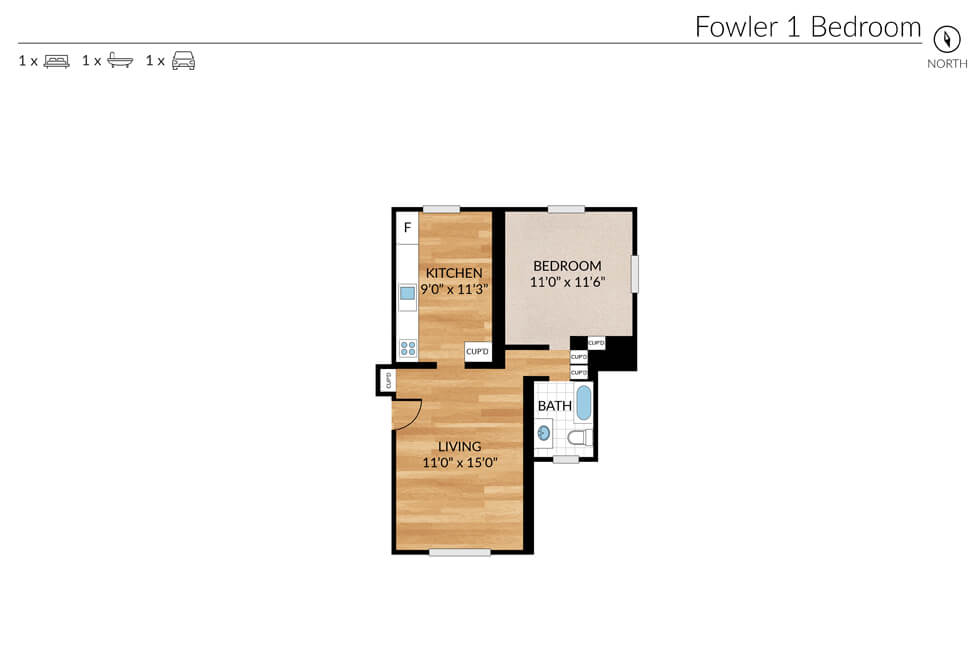 1 Bedroom Floor Plan at Fowler Apartments, Kenmore NY