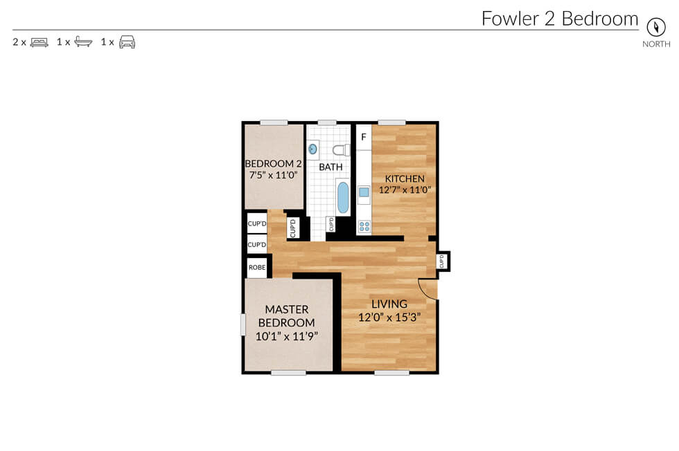 2 Bedroom Floor Plan at Fowler Apartments, Kenmore NY