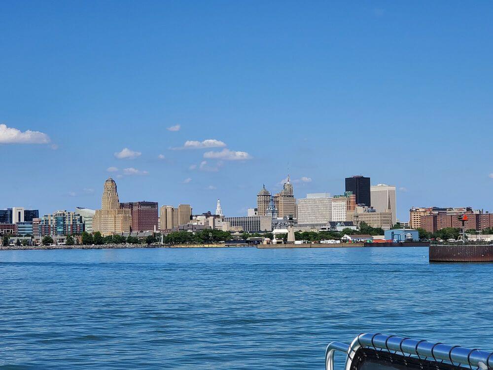 Buffalo skyline from boat on Lake Erie