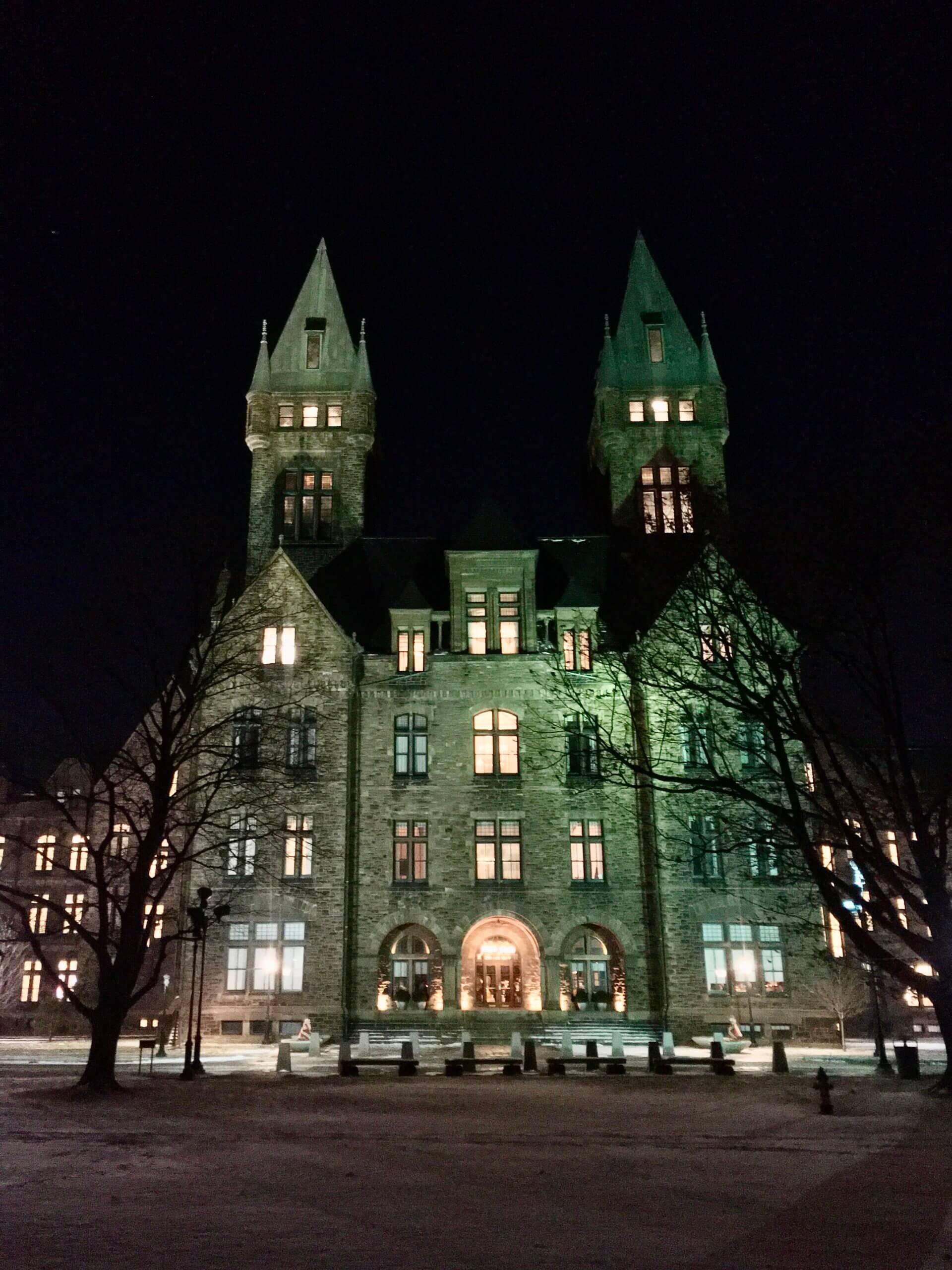 A nighttime view of the former Buffalo State Hospital Administration Building