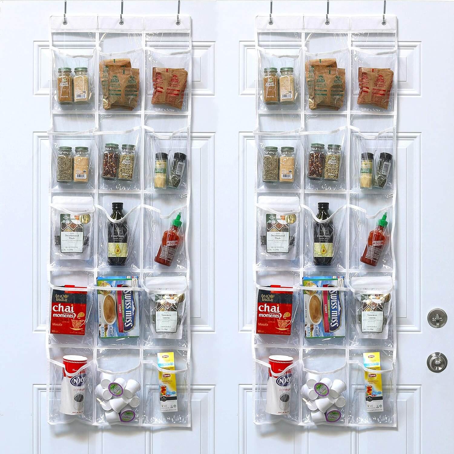 Hanging shoe organizer used to store food in pantry
