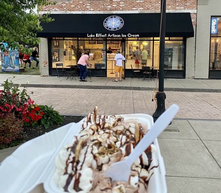 ice cream in front of Lake Effect Ice Cream location