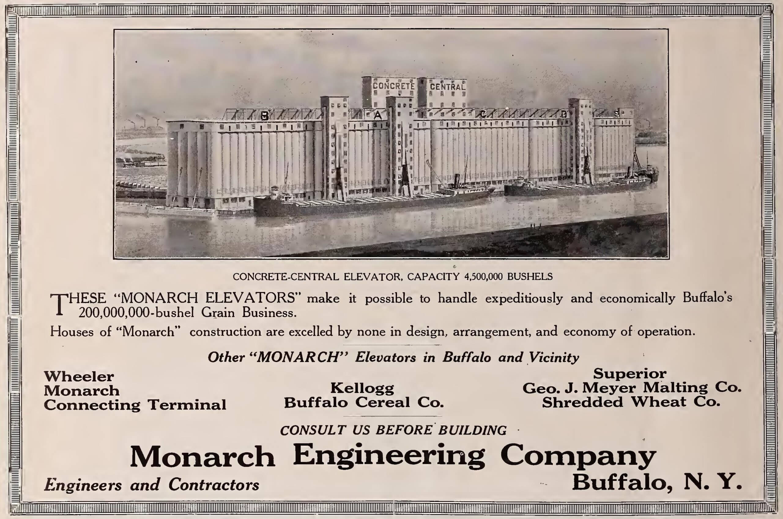 Concrete-Central Elevator of Buffalo, New York with a 4,500,000 bushel capacity built by Monarch Engineering Company - from the January 1919 periodical, The American Elevator and Grain Trade