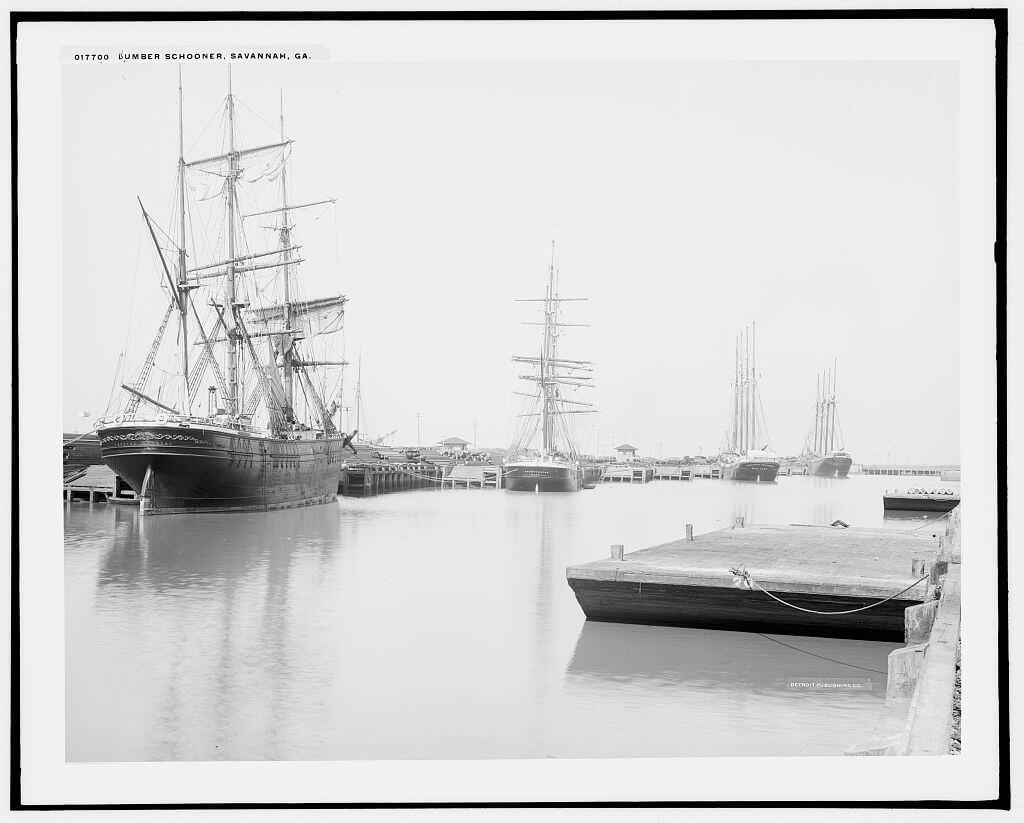 Four lumber schooners docked in a harbor with tall masts and rigging visible against the sky, circa 1900–1906