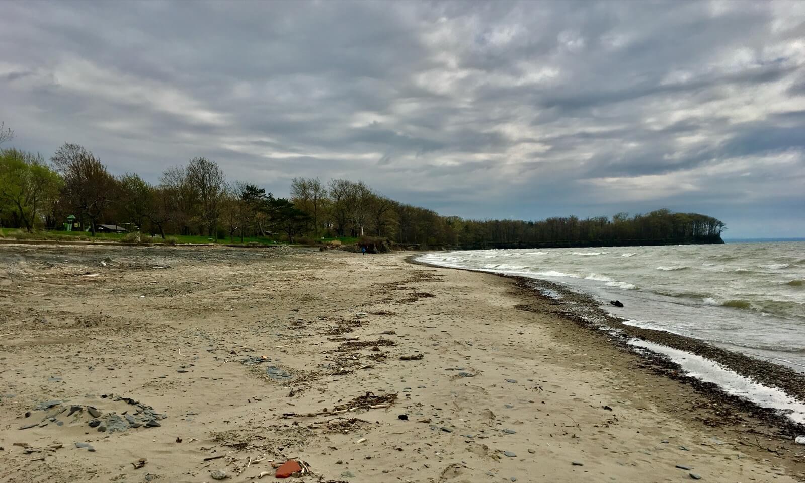 The curving sandy beach at Evangola State Park stretching along the shore of Lake Erie, with grassy dunes and shale bluffs in the background