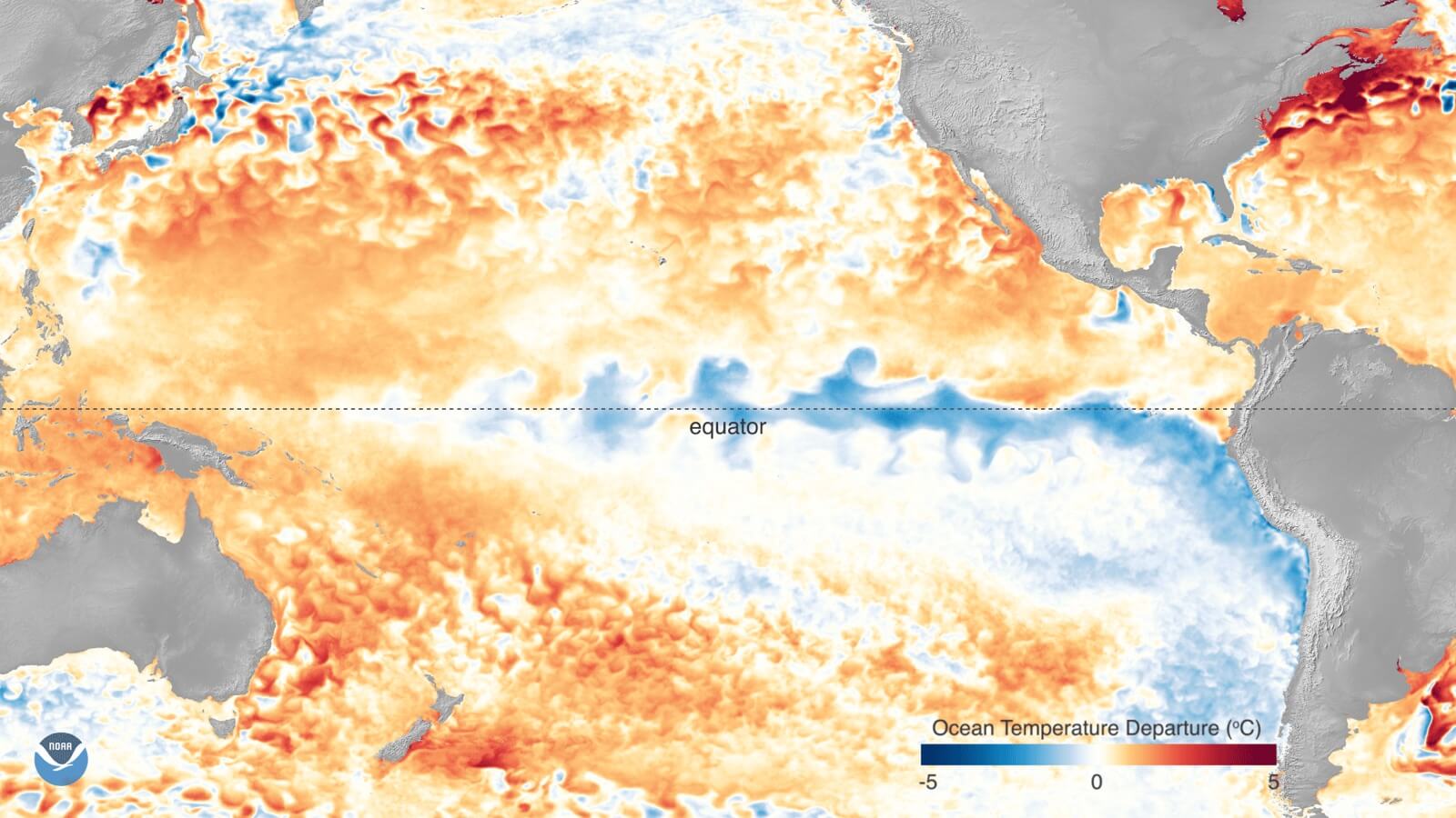 Satellite map of Pacific Ocean temperature departures showing a long band of cooler-than-average water along the equator during a La Niña event